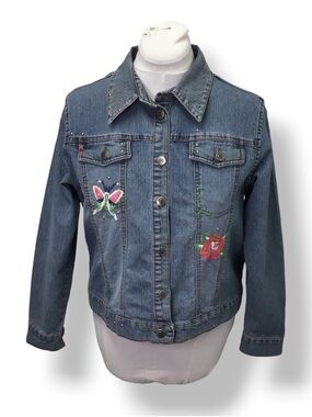 Arizona Jeans Juniors Embroidered Studded Denim Jacket VTG 90s Y2K Blue XL